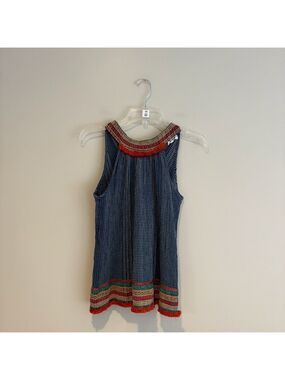 THML Boho Embroidered Sleeveless Tunic Top Blue Dotted Fringe Size S